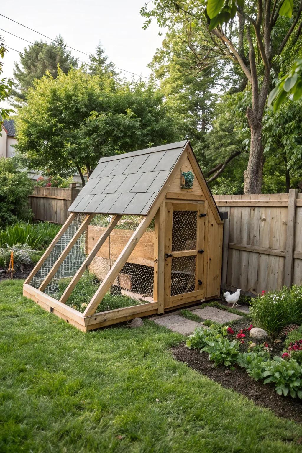 A sturdy A-frame coop nestled comfortably in a garden setting.