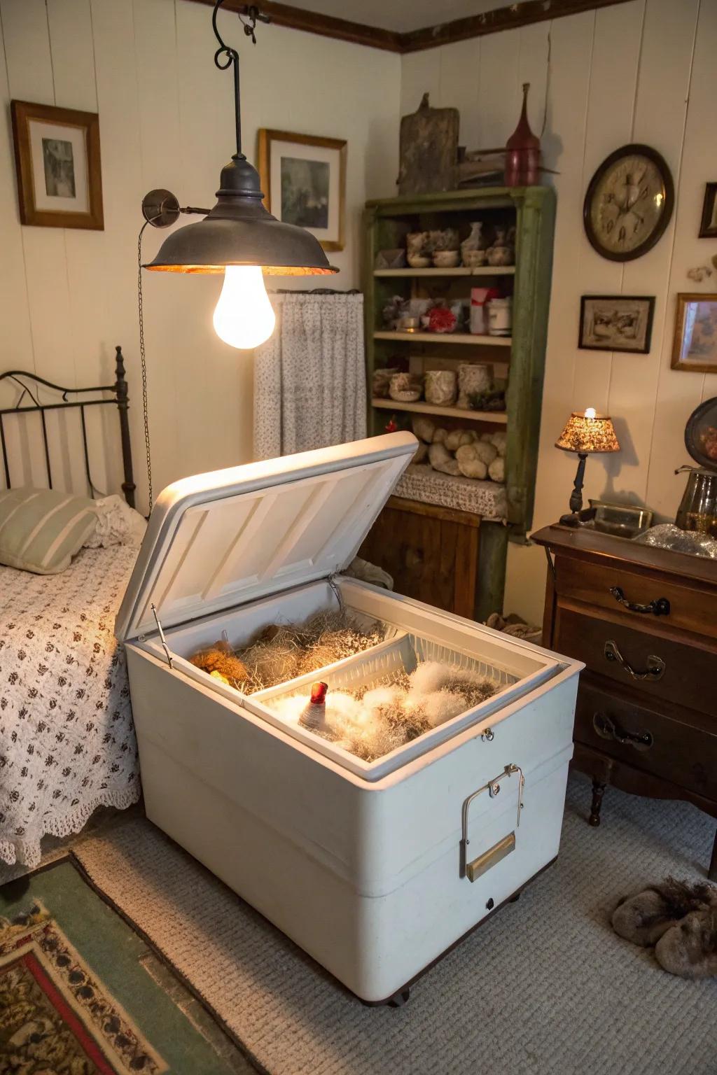 A nostalgic vintage cooler reimagined as a cozy brooder.