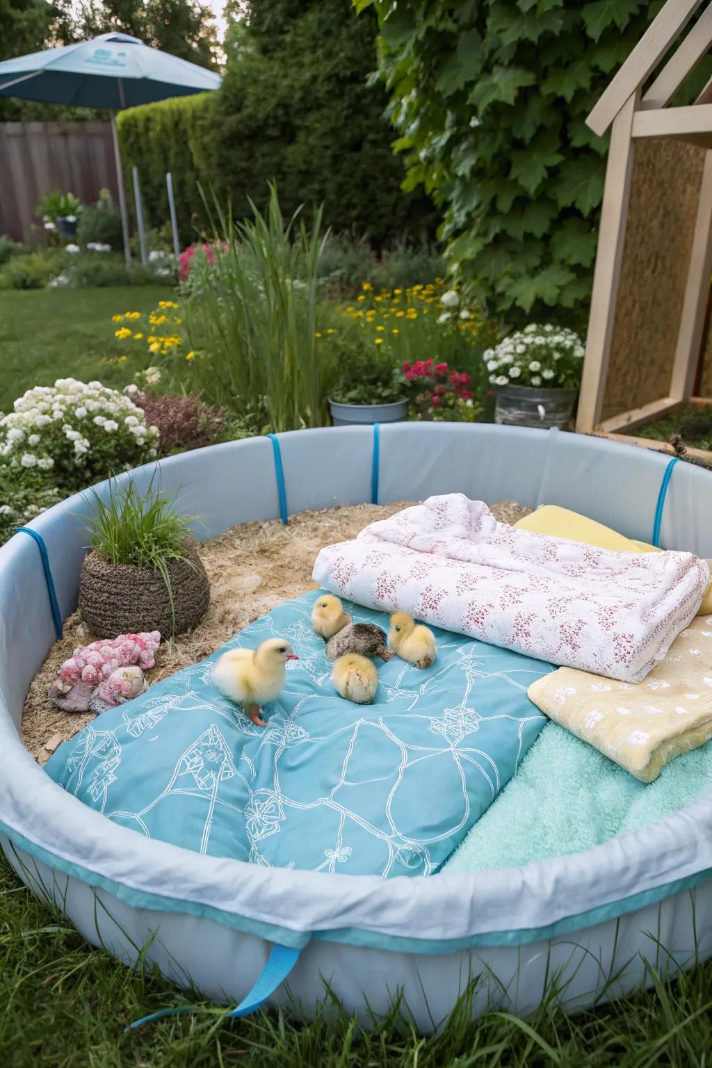 A playful swimming pool turned into a spacious brooder for chicks.