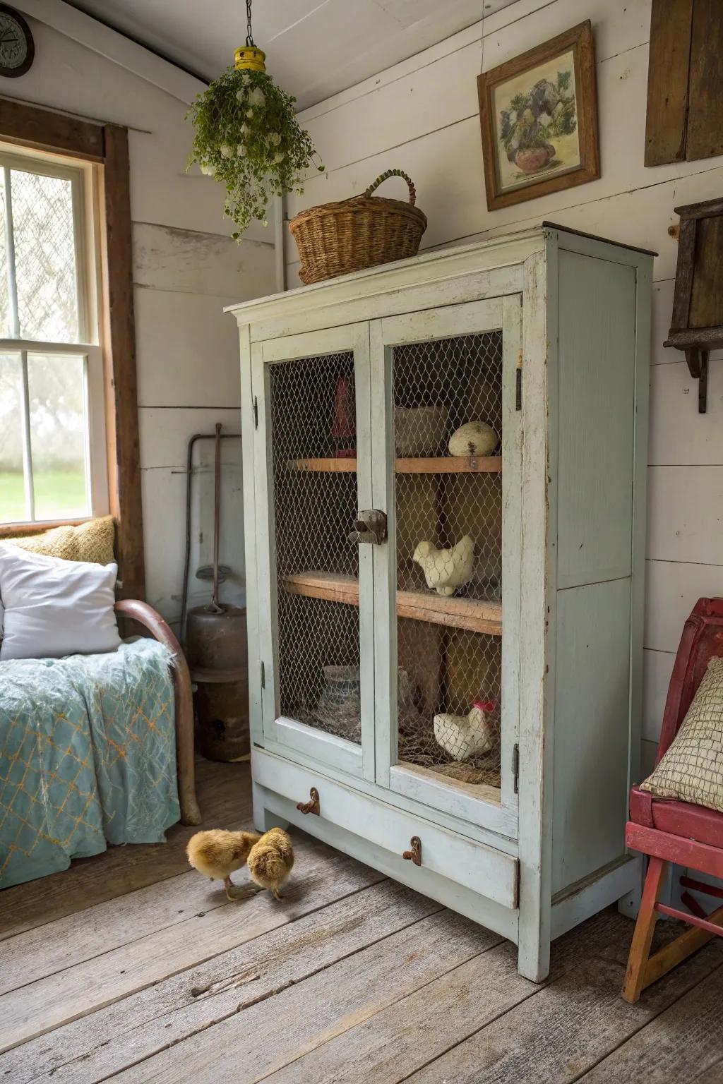 An antique cabinet, lovingly transformed into a charming brooder.