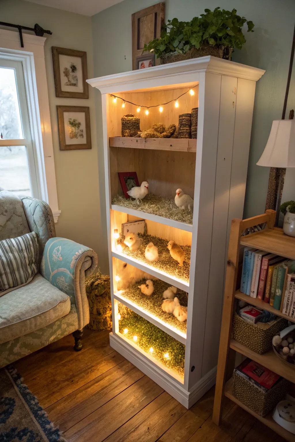 A clever use of a bookshelf turned into a spacious brooder.
