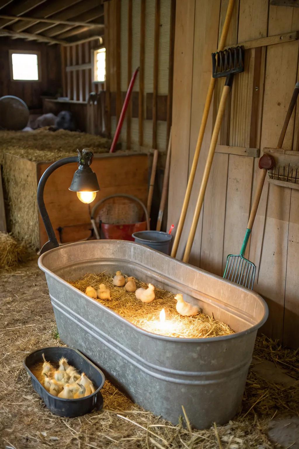 A spacious metal trough providing a robust home for many chicks.
