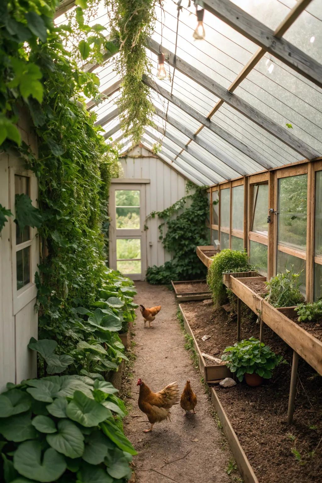 A sunny greenhouse serving as a warm, inviting coop.