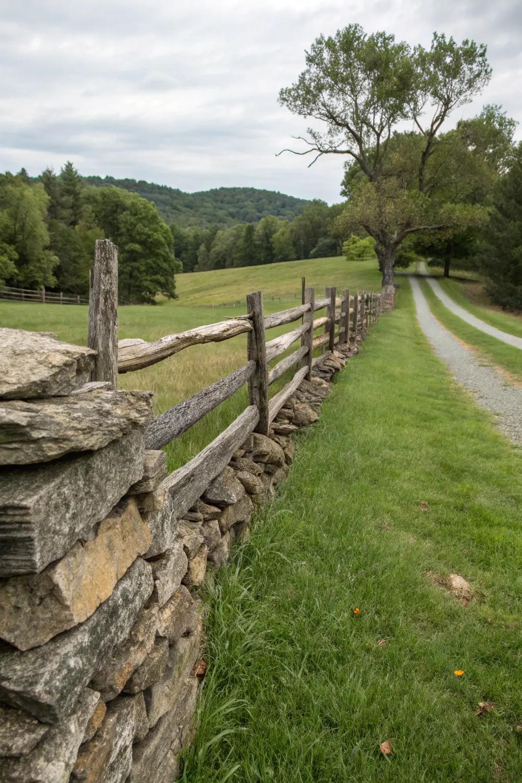 A grand stacked stone and timber fence defining a rustic estate.