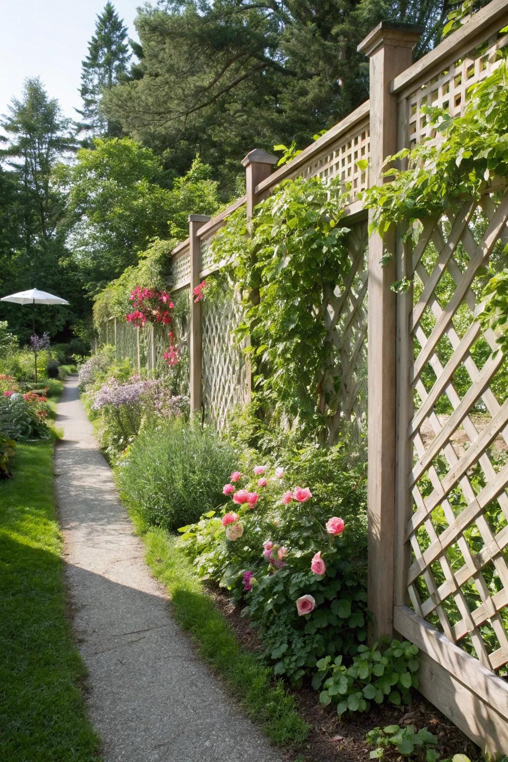 A classic lattice panel fence adorned with climbing greenery.