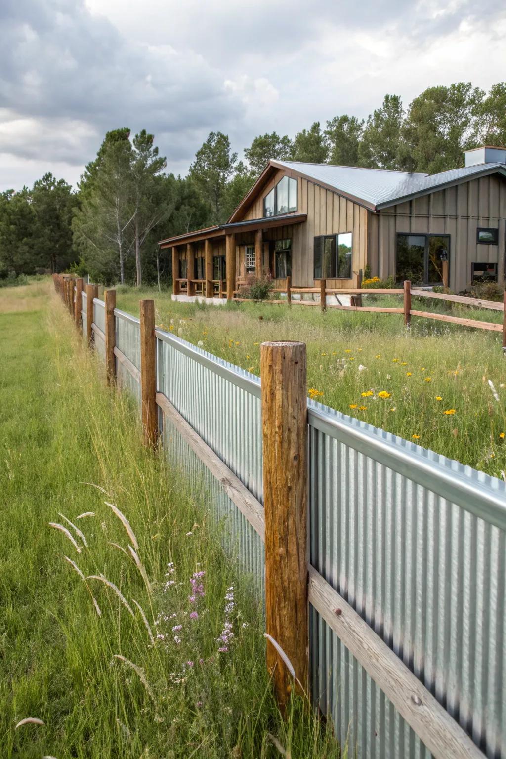 A modern rustic fence combining corrugated metal and wood.