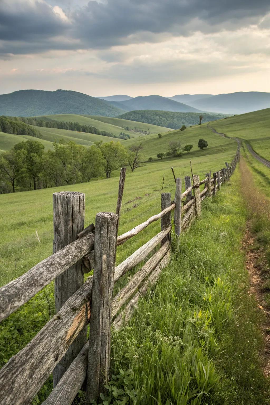 A simple post and rail fence that complements the rolling landscape.