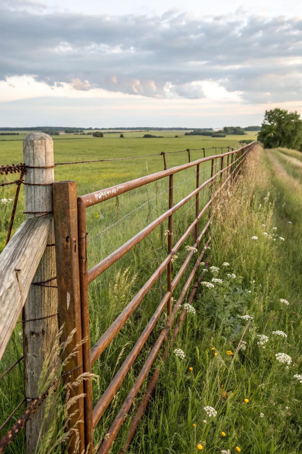 A metal and wood fence standing sturdy against the open sky.