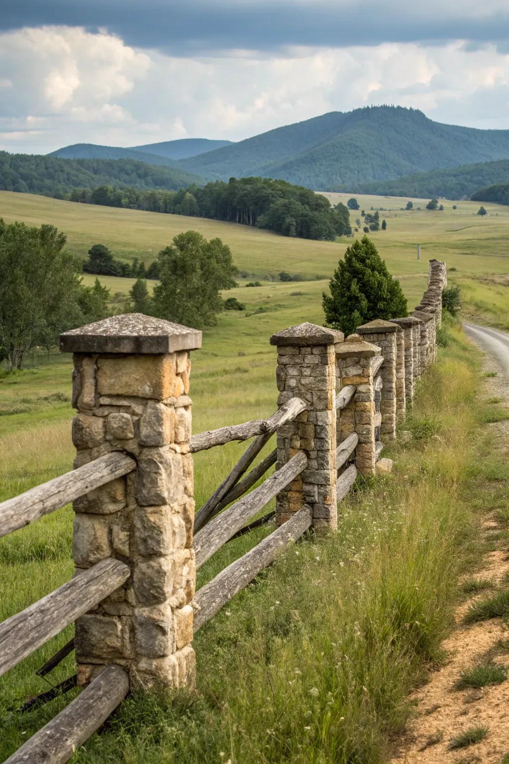 A log fence enhanced by robust stone pillars.