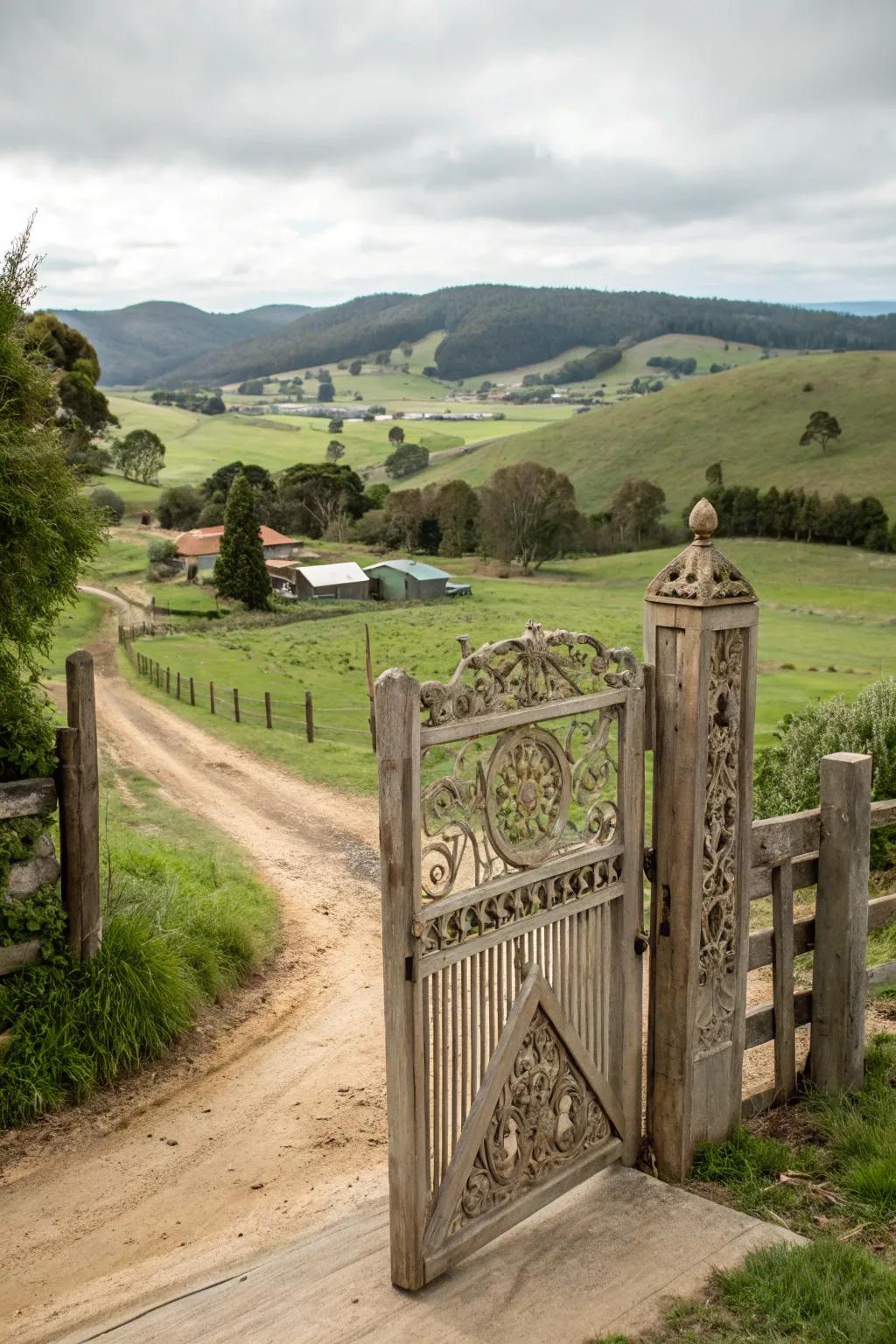 A personalized hinged farm gate making a welcoming entrance.