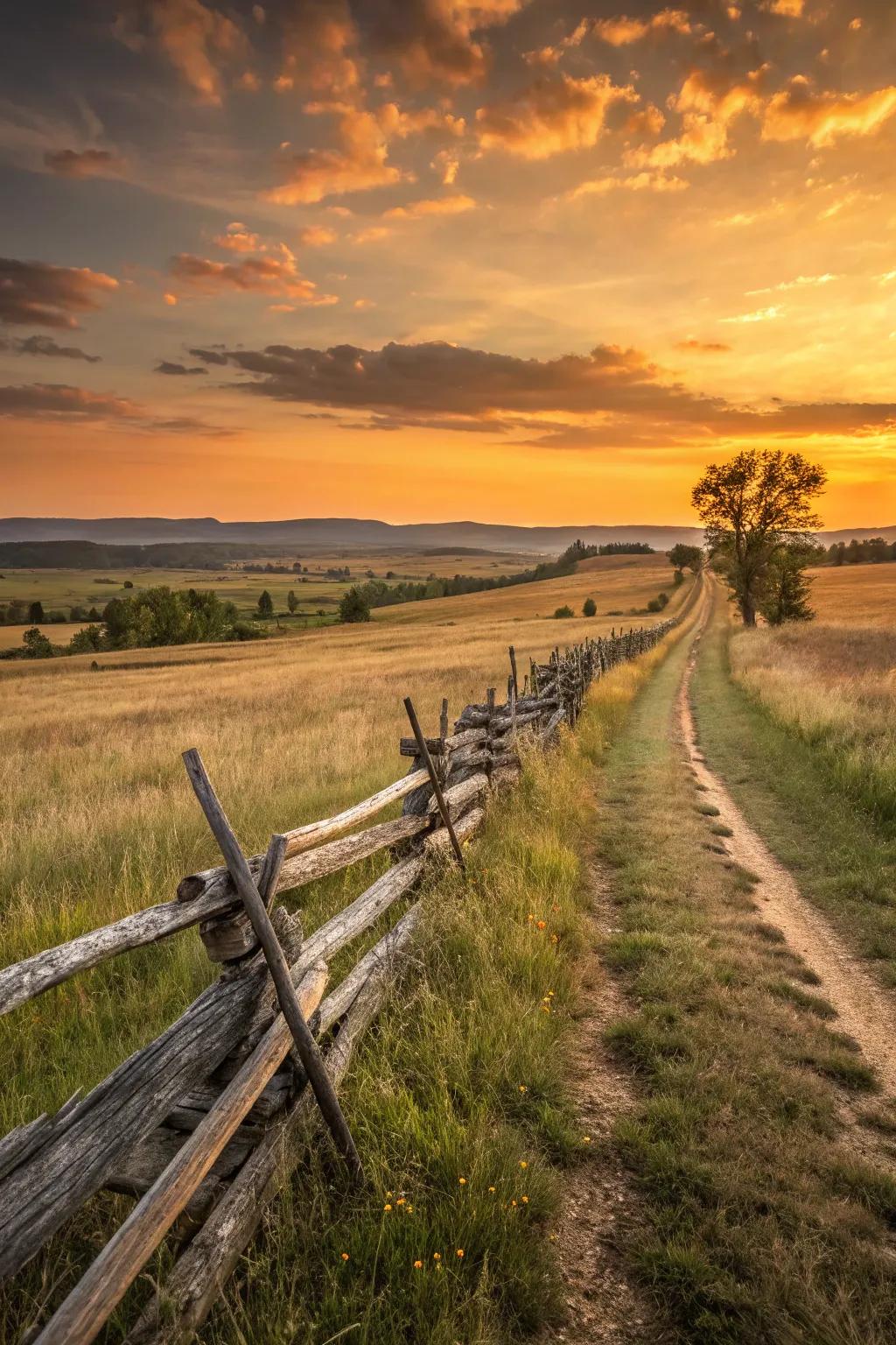 A traditional split rail fence glowing under the setting sun.