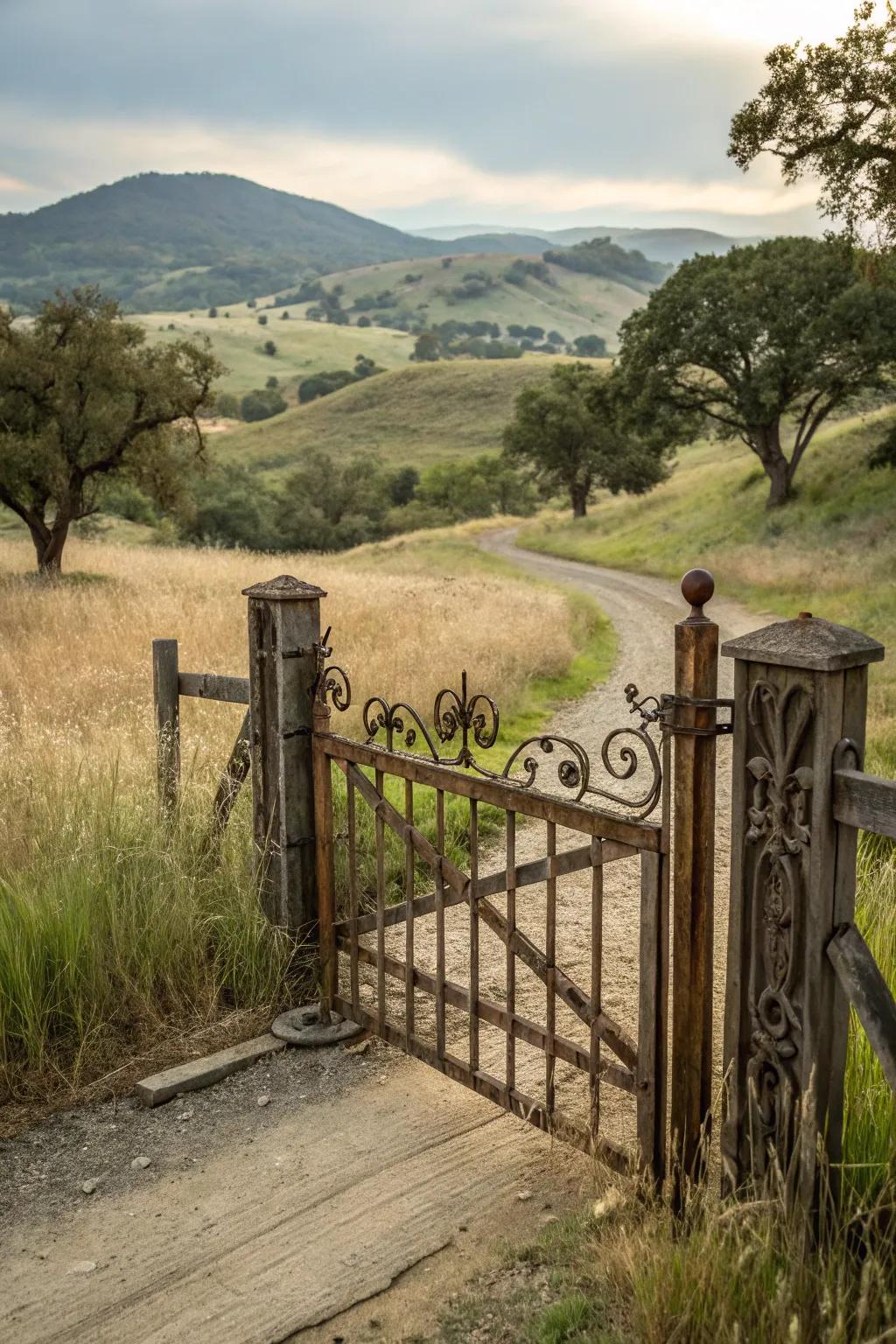 A rustic gate enhanced with elegant iron accents.