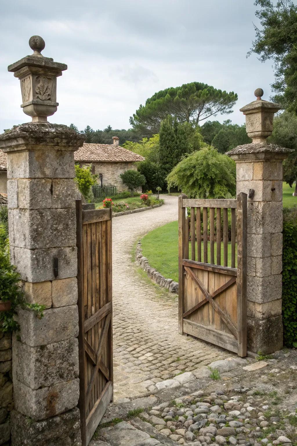 A bold entrance made with stone pillars and wooden gates.