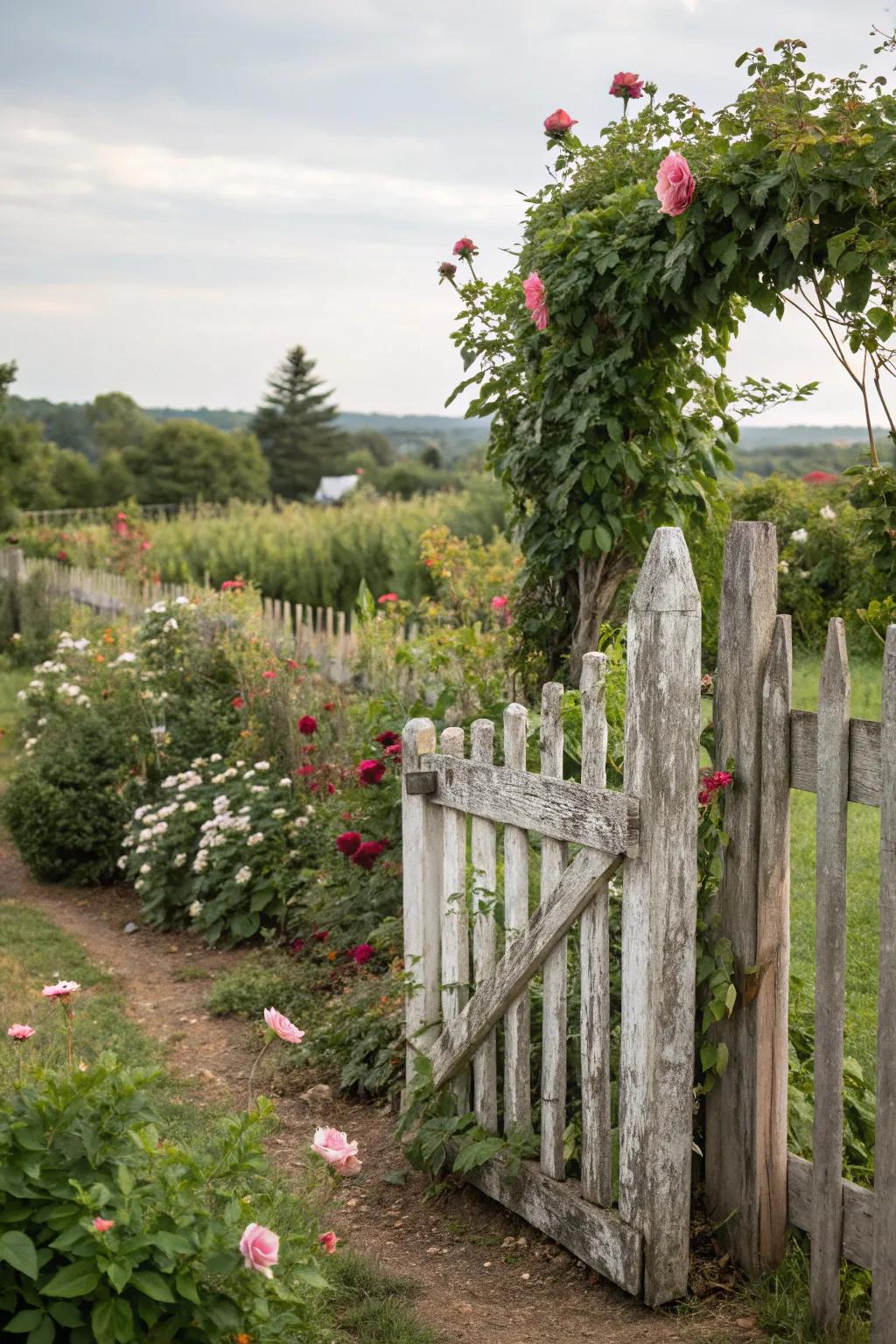 A rustic twist on a classic picket fence in a charming garden.