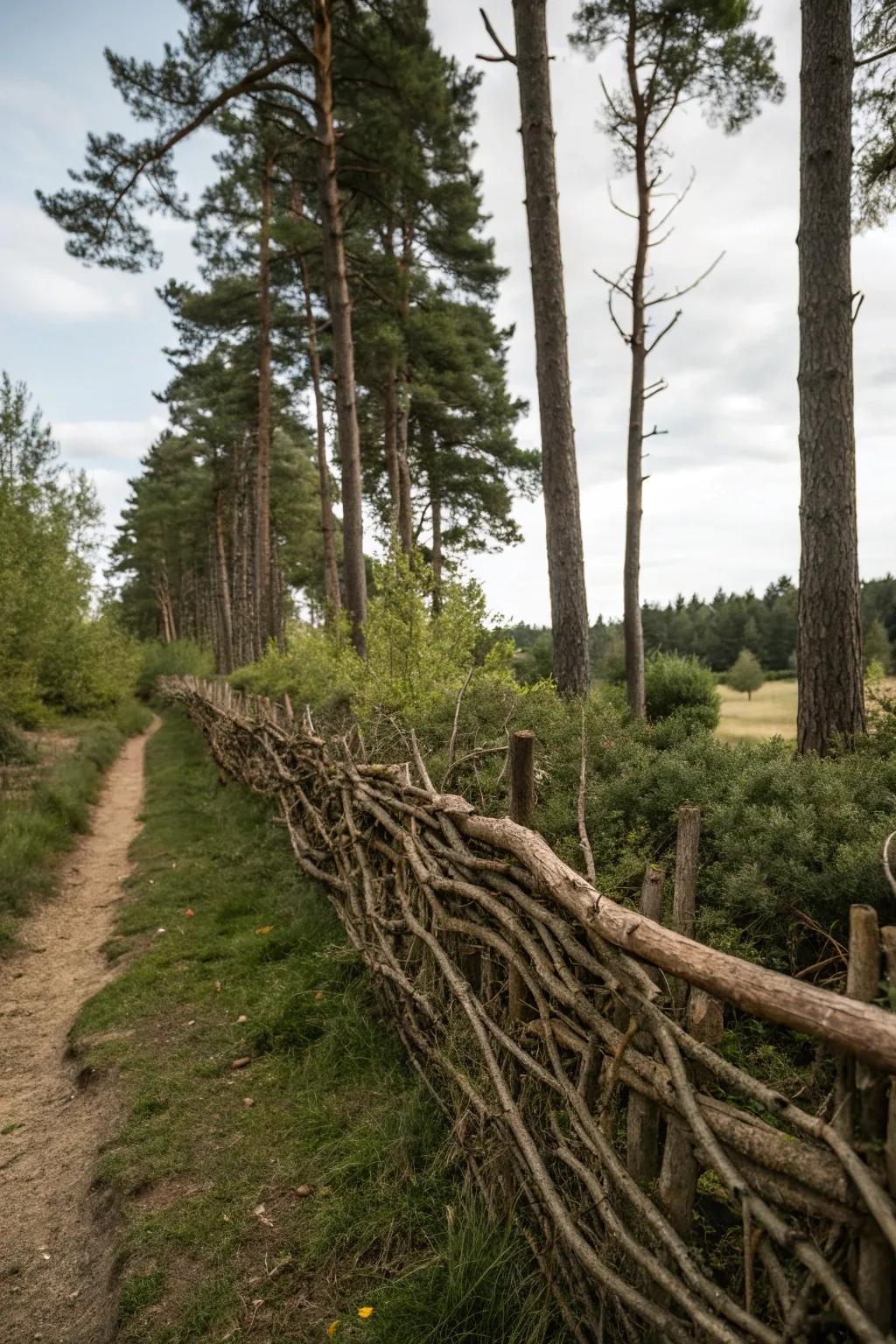 A unique natural branch fence in a lush woodland setting.