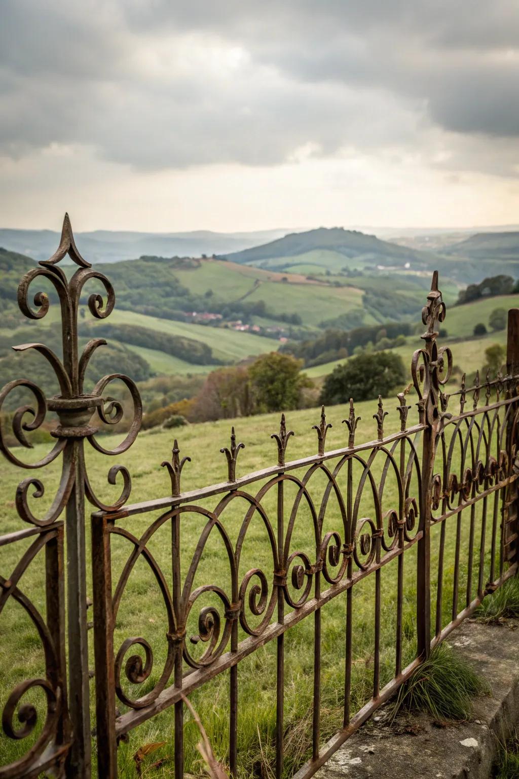 An elegant decorative metal fence gracing a country home.
