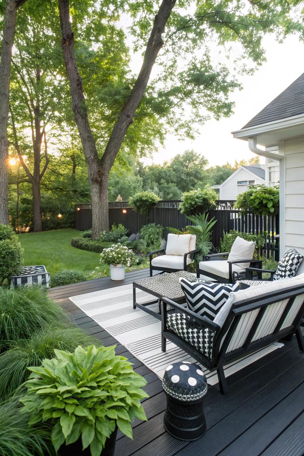 Balance monochrome with natural elements.