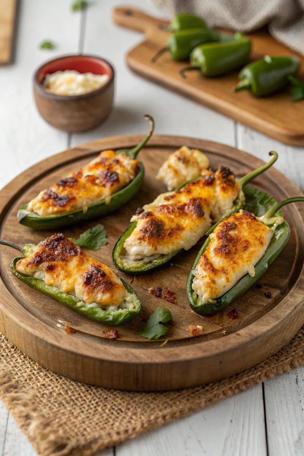 Grilled jalapeño poppers, a spicy and cheesy delight.