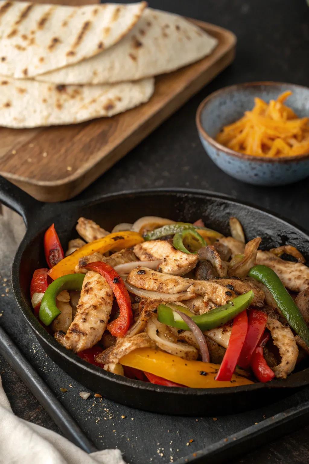 Sizzling chicken fajitas, a colorful and tasty grill favorite.
