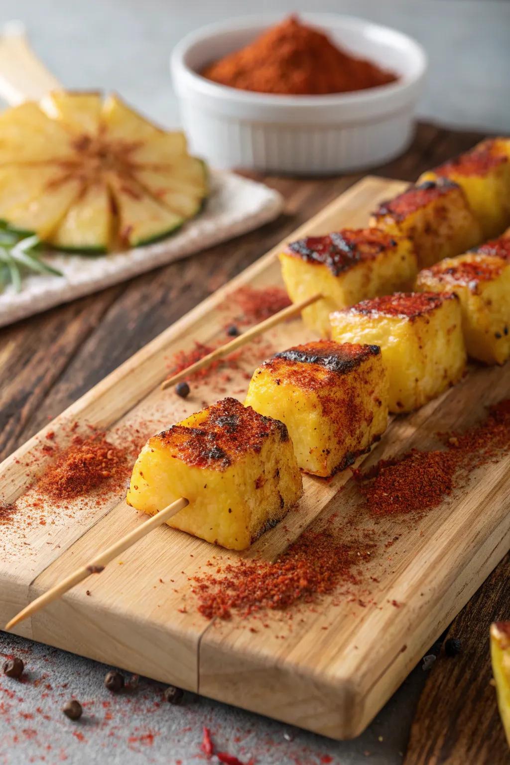 Grilled pineapple skewers, a tantalizing sweet and spicy treat.