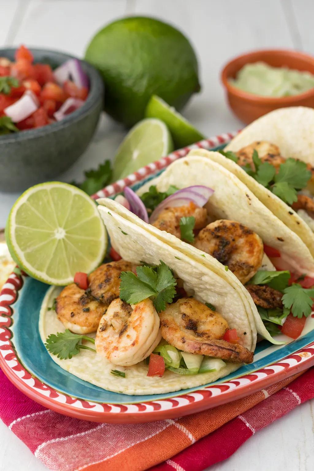 Grilled shrimp tacos, bringing a coastal touch to your party.