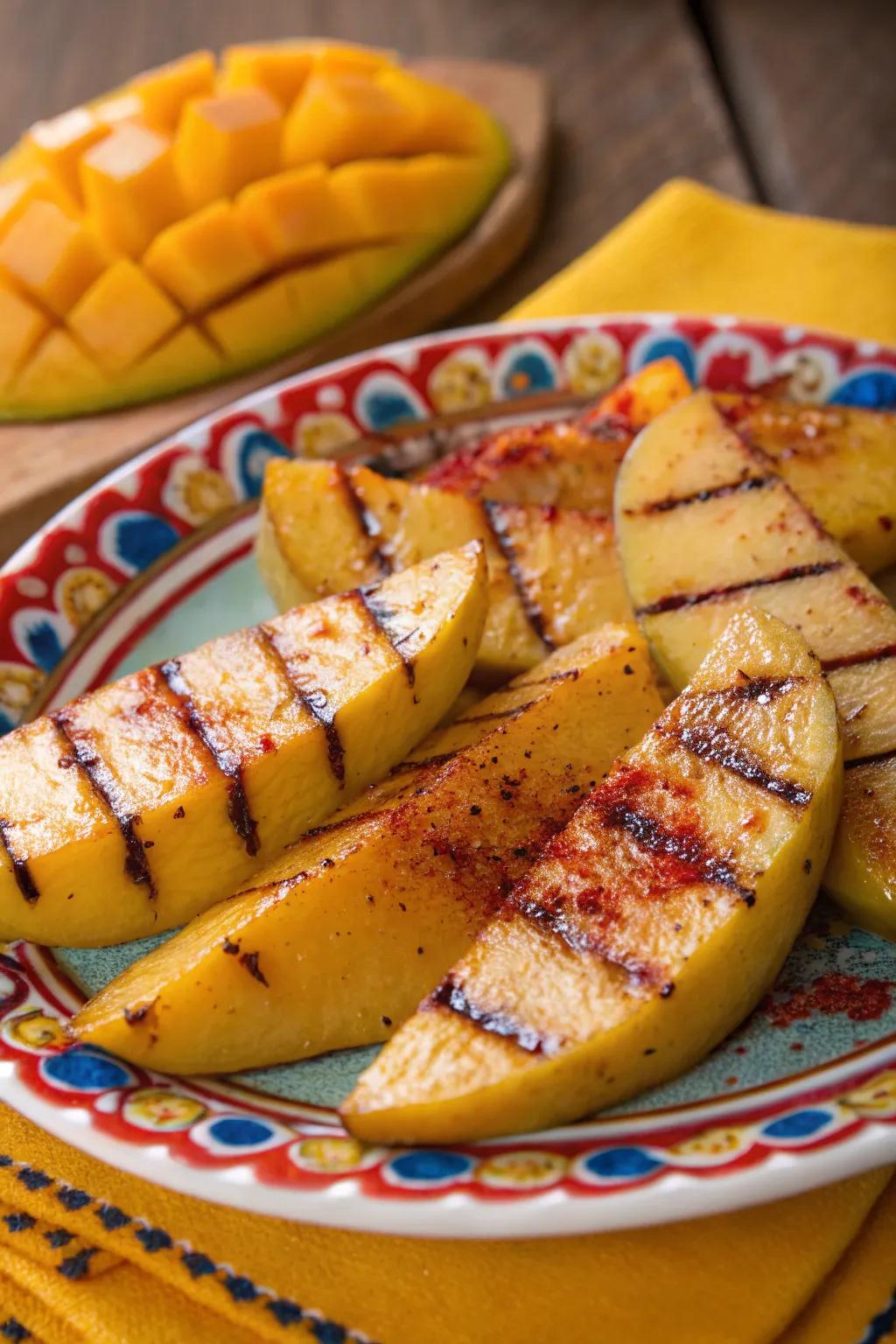 Grilled mango with Tajín, a refreshing and spicy snack.