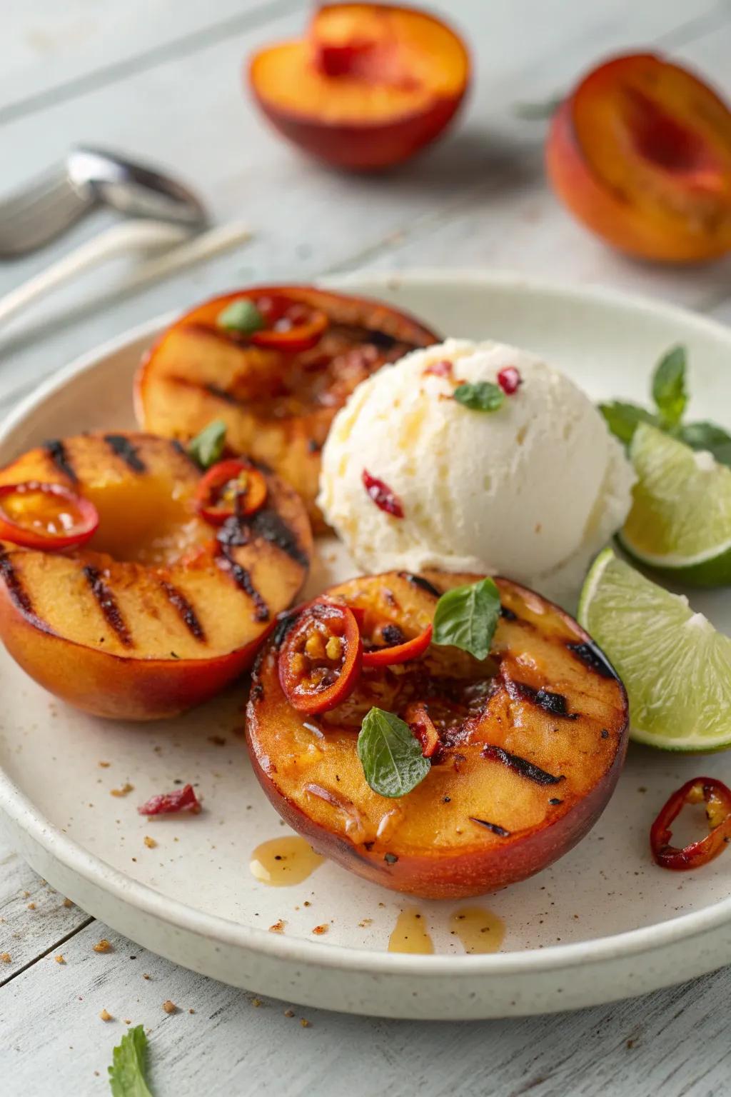 Chili lime grilled peaches, a sweet and spicy end to your meal.