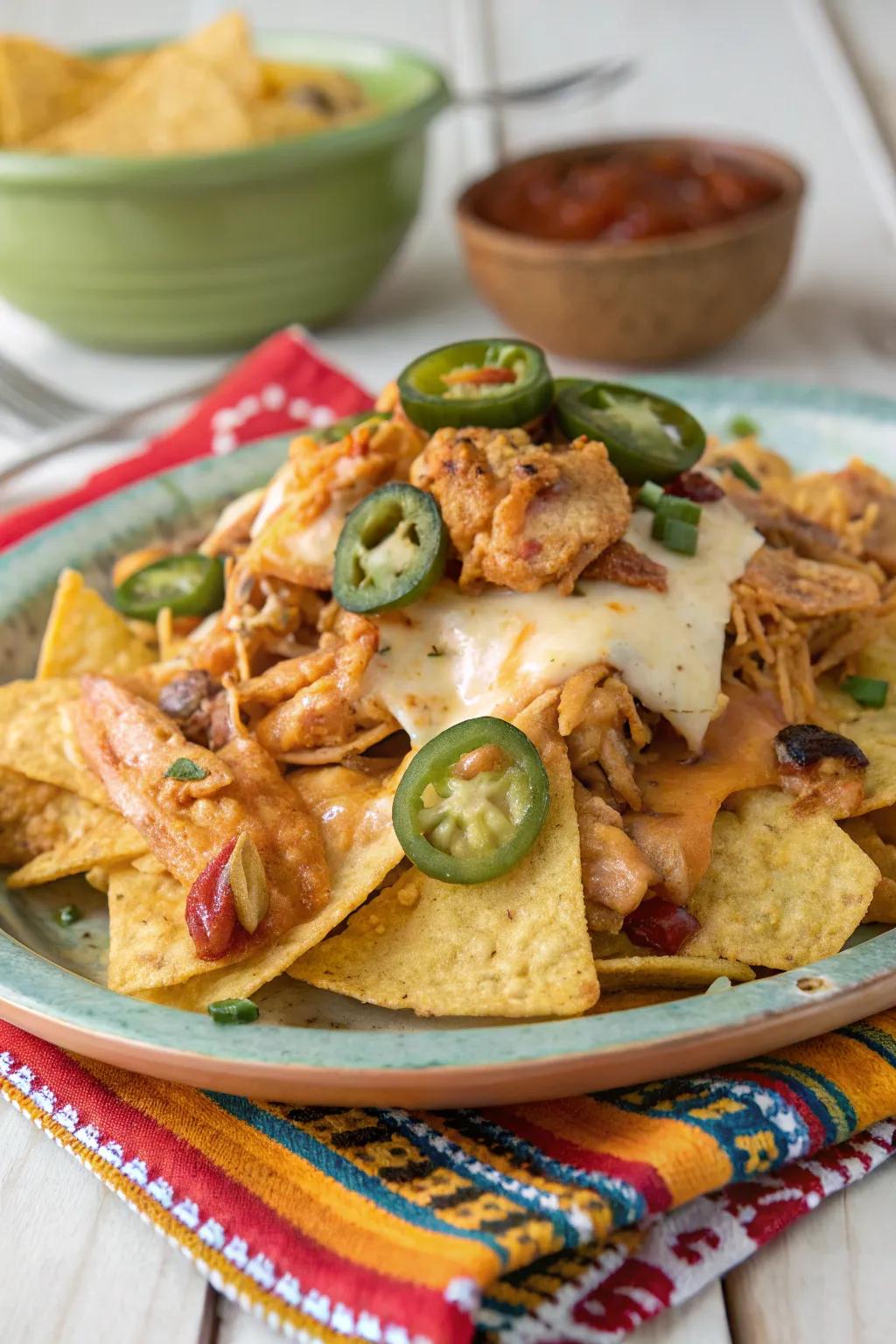 BBQ chicken nachos, a smoky and savory snack.