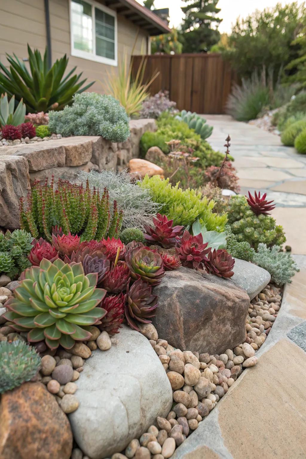 An inviting rock garden with succulents and stones offering a serene escape.