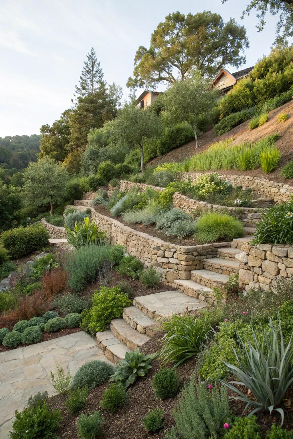 A terraced slope beautifully maximizing space and reducing erosion.