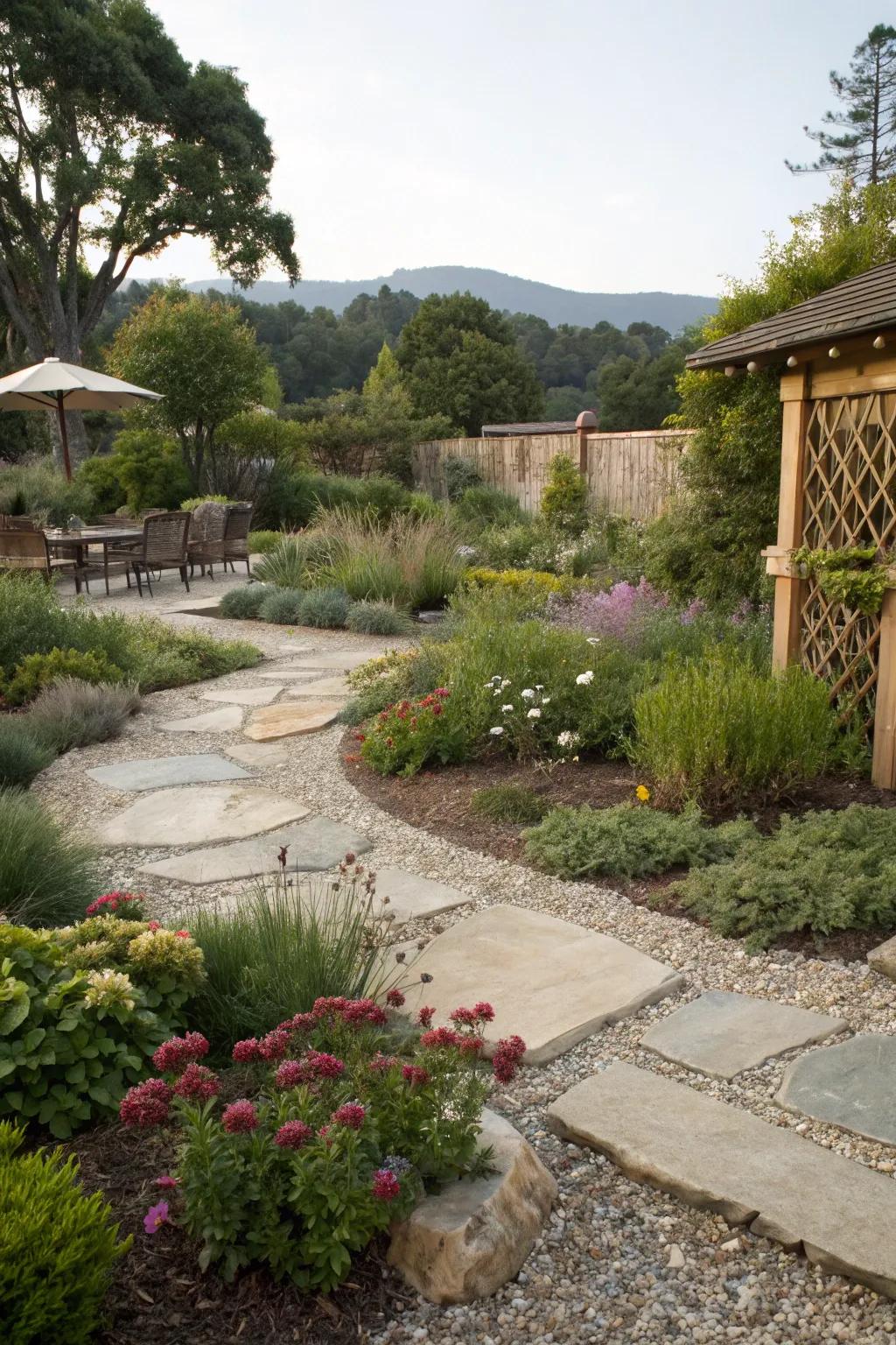 A garden enhanced by water-wise hardscaping that adds both structure and beauty.