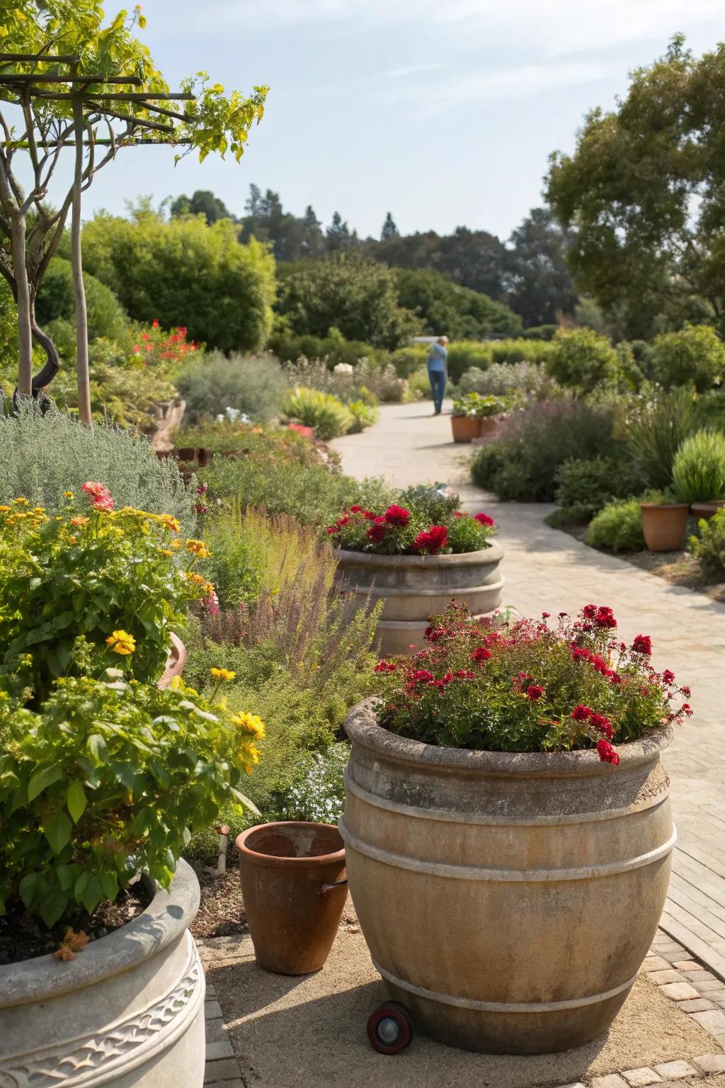 Elegantly potted drought-tolerant plants that require minimal watering.