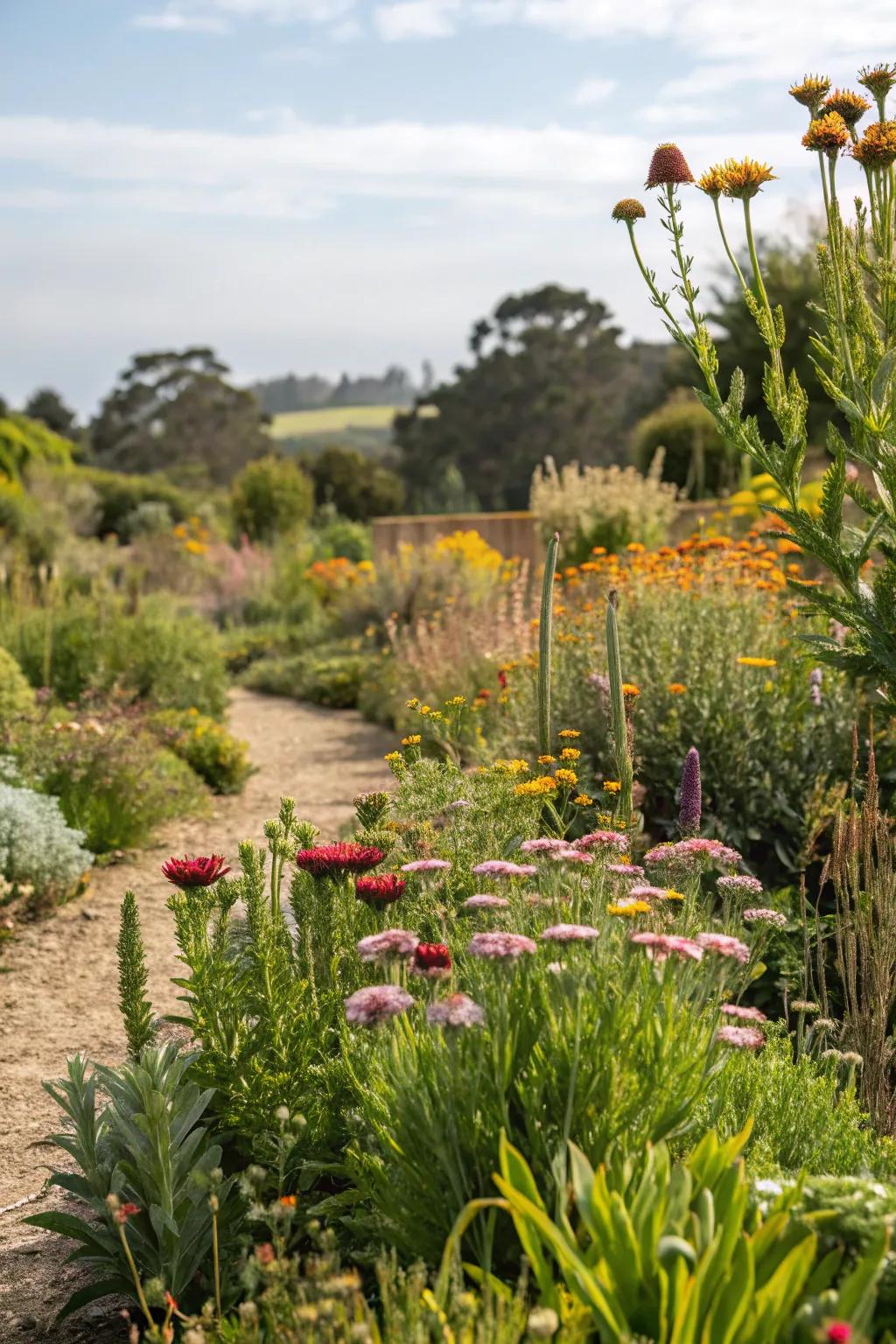 A garden flourishing with native plants that are perfectly suited to dry conditions.