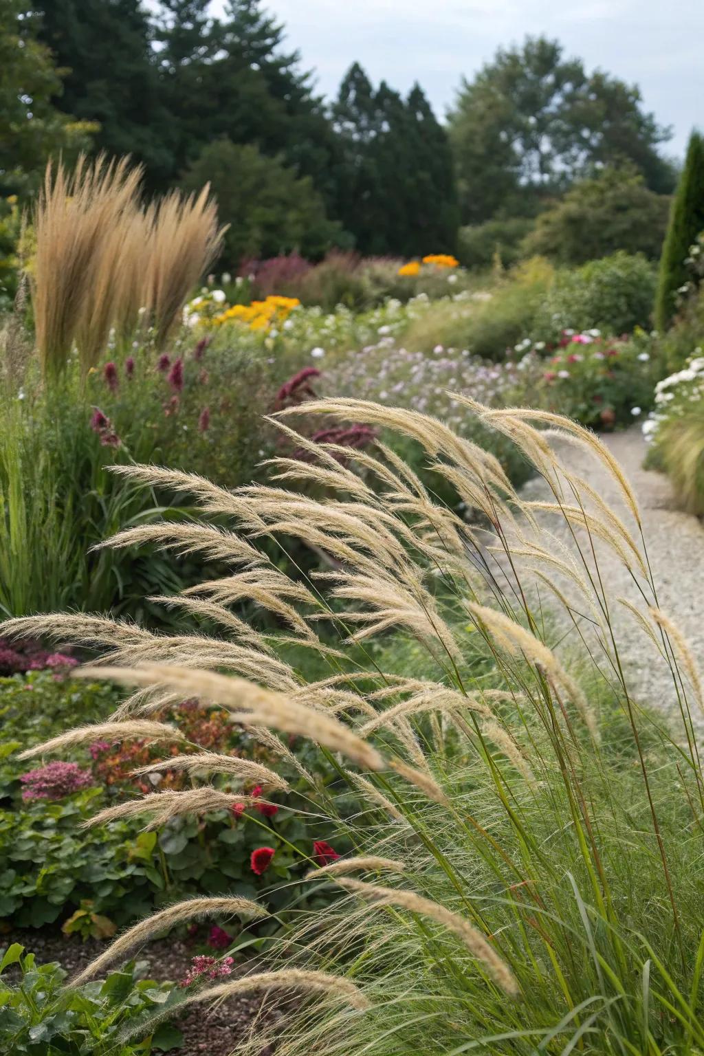 Elegant ornamental grasses adding movement and texture to a drought-tolerant garden.
