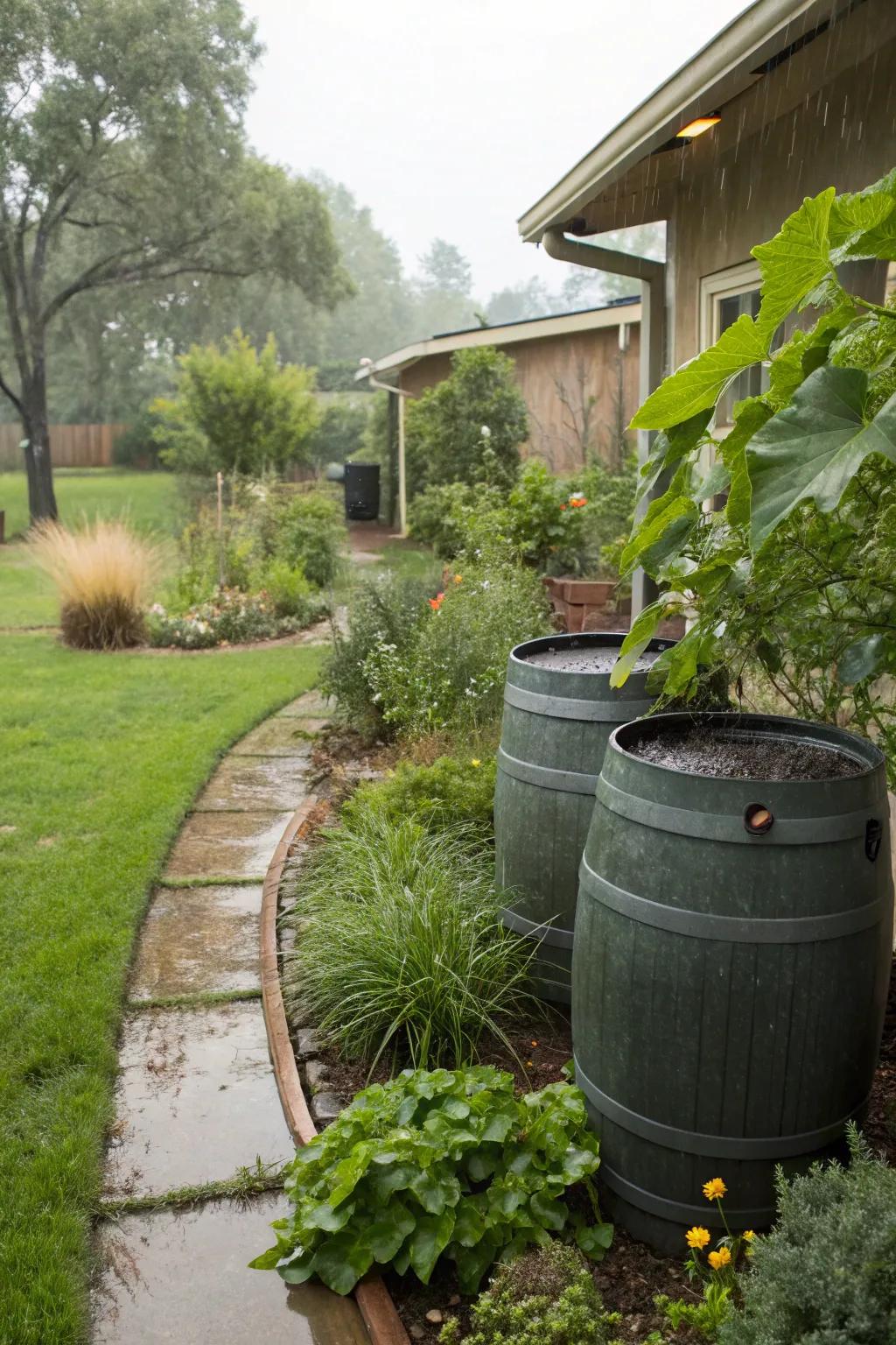 A practical rainwater collection system supporting a sustainable garden.