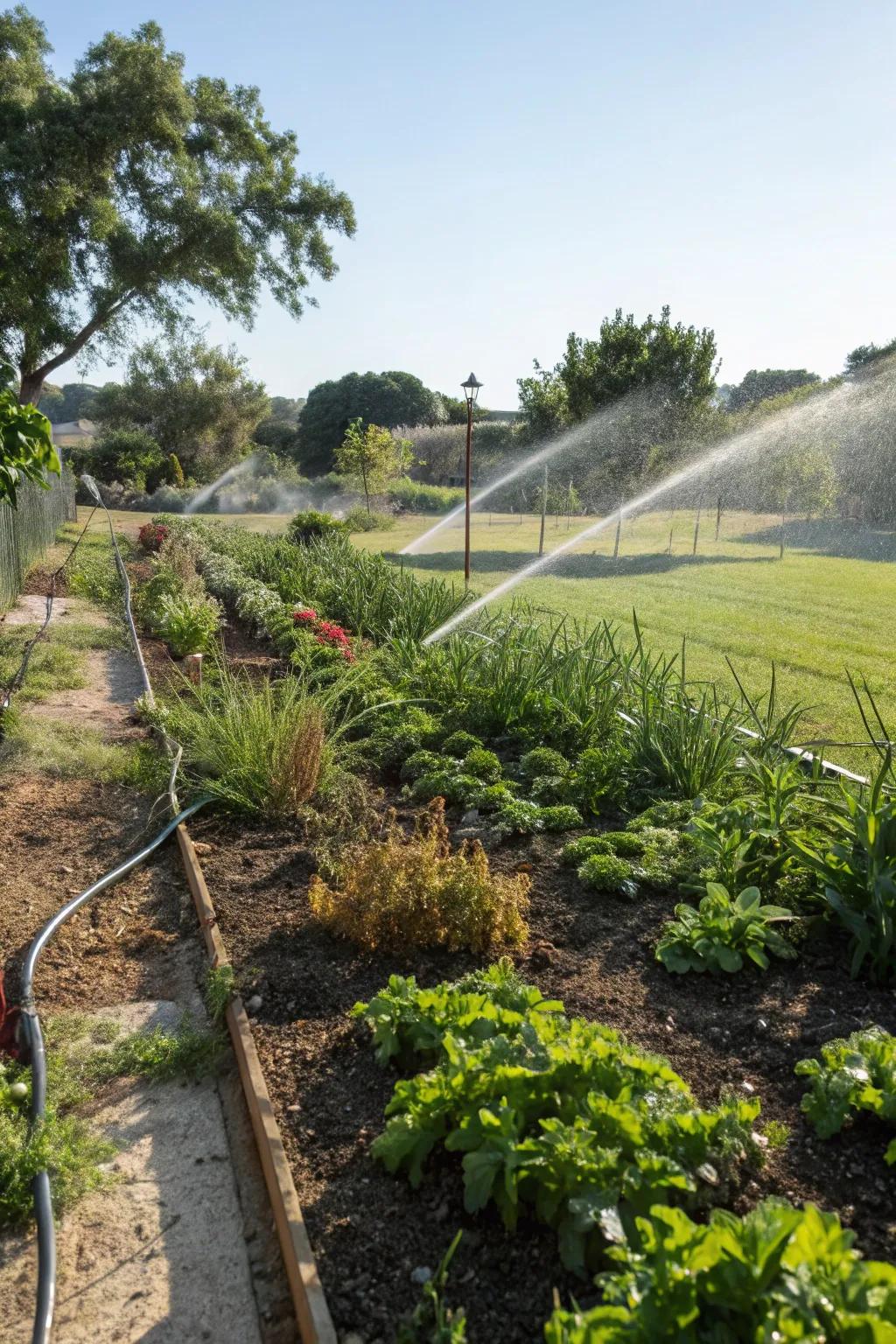 A drip irrigation system efficiently watering a thriving garden.
