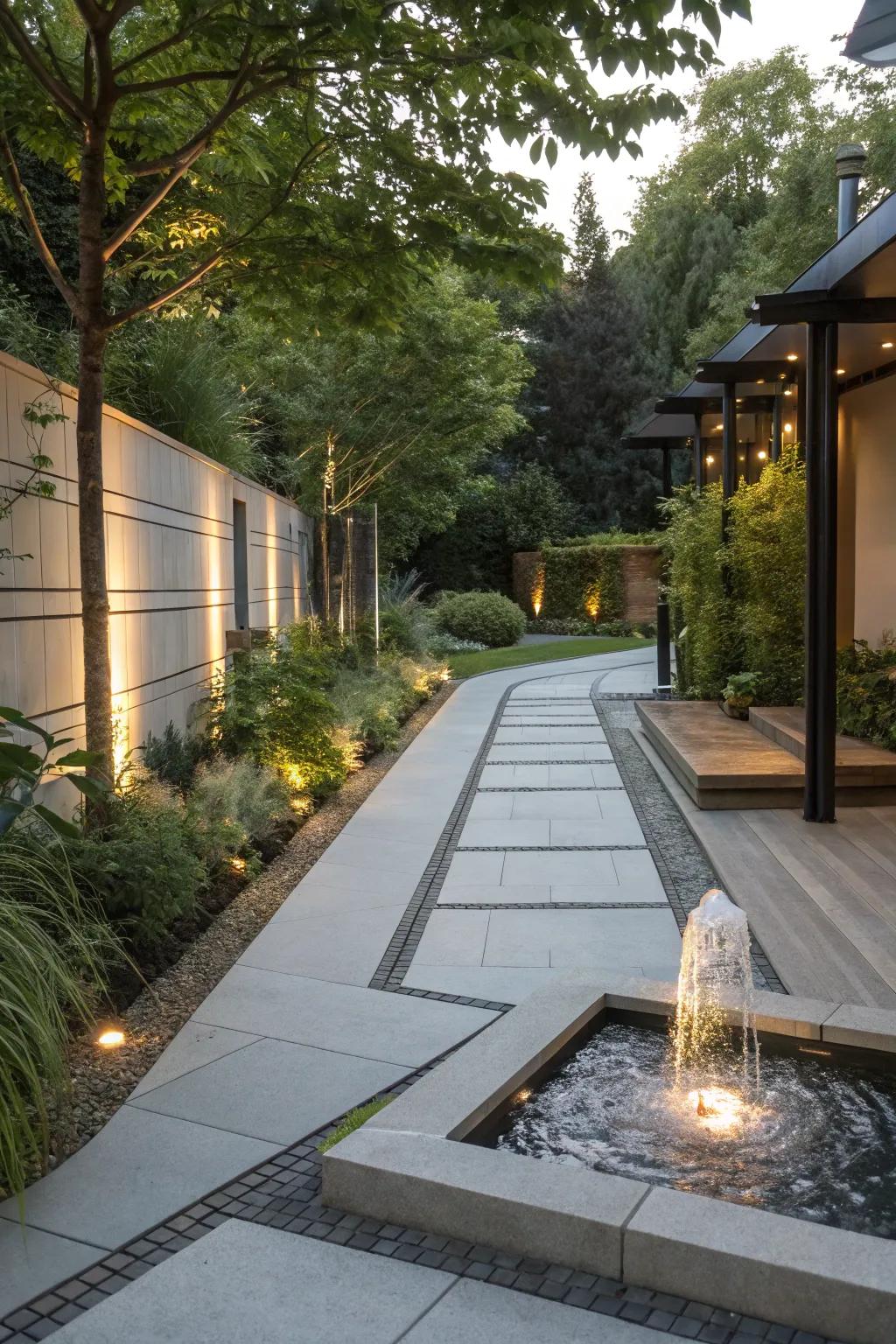 Water features add a calming and serene ambiance to garden walkways.