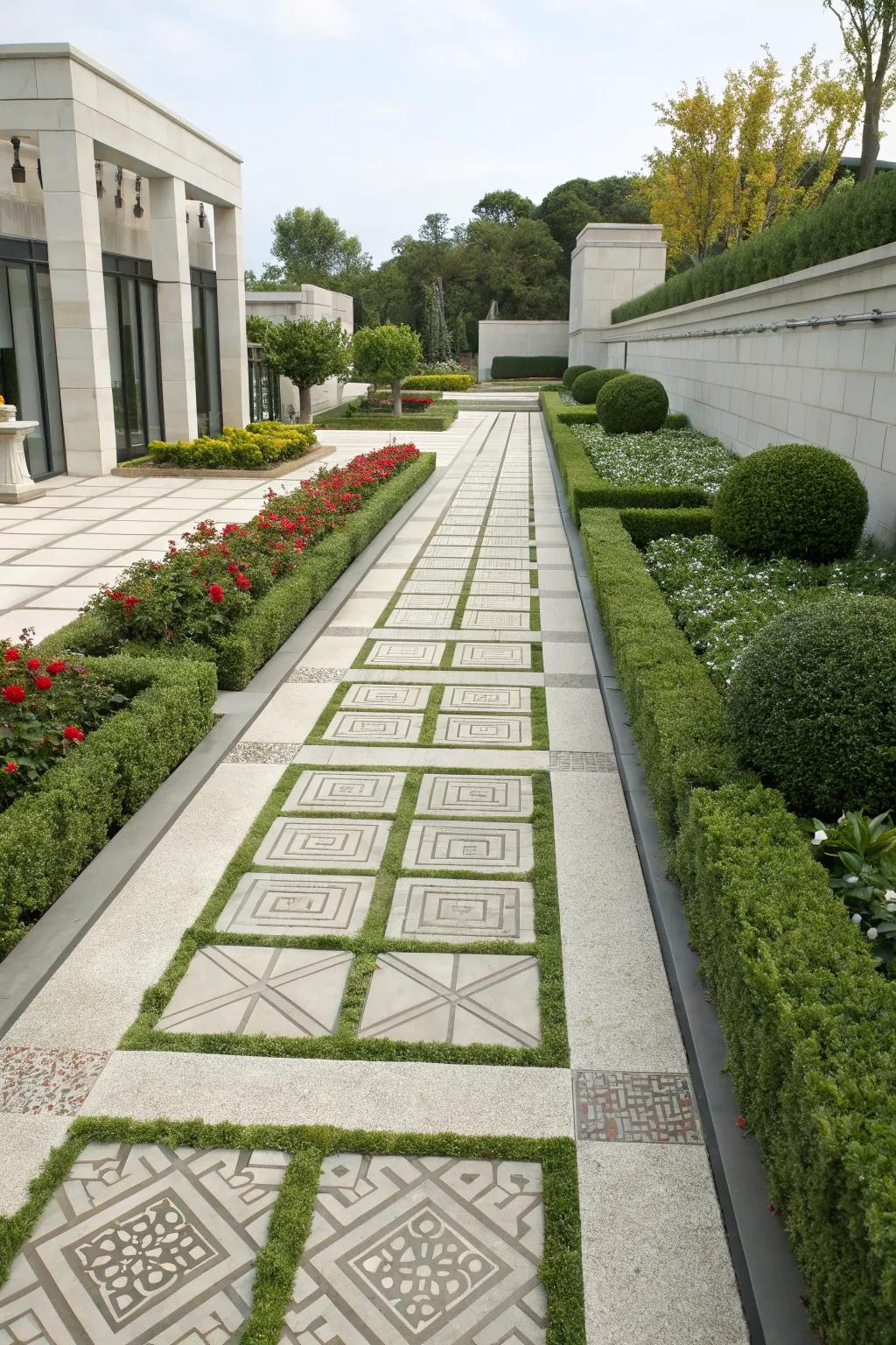 Geometric patterns made from square and rectangular pavers elevate any outdoor space.