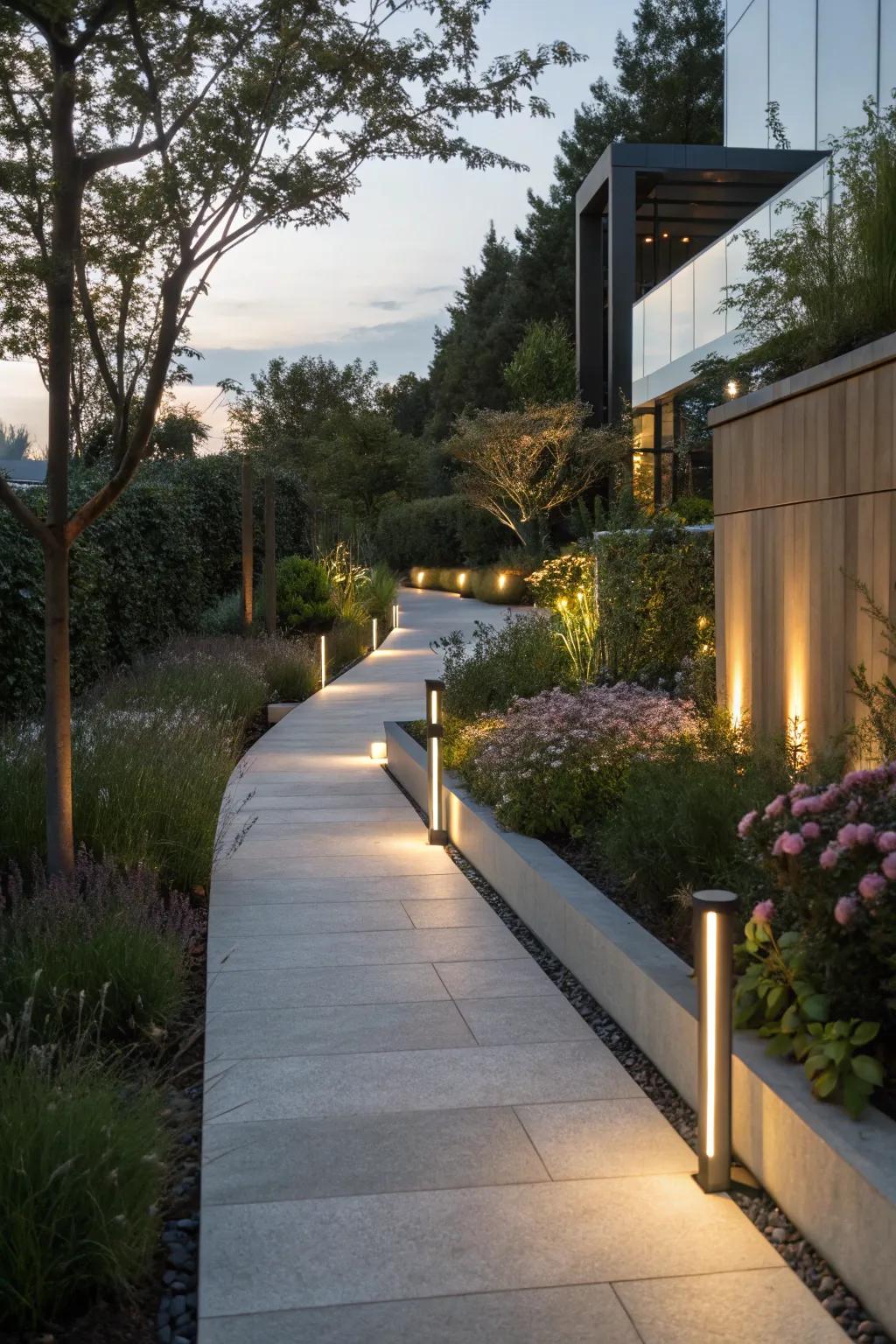 Soft lighting adds both beauty and functionality to a modern walkway.
