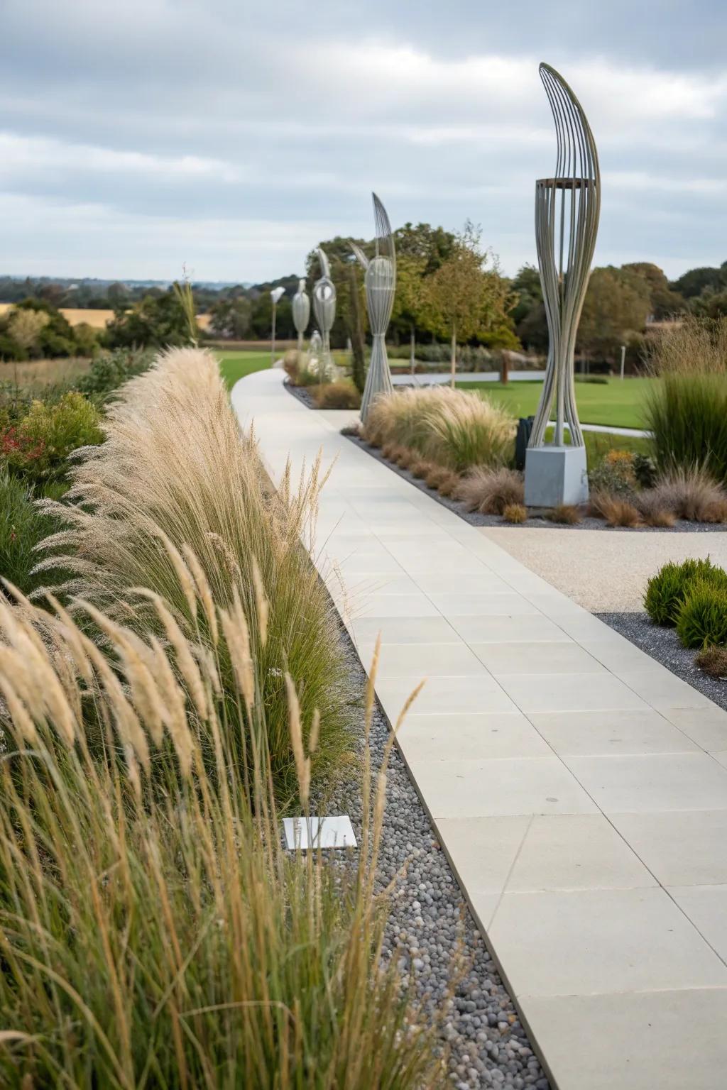Modern landscaping complements and enhances the overall design of a walkway.