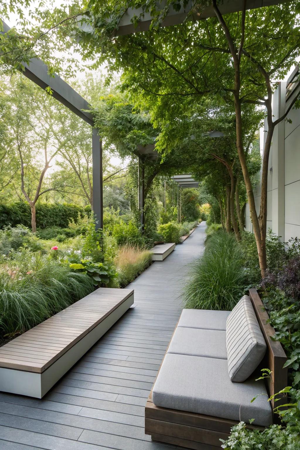 Integrated seating offers a cozy spot to pause and enjoy the surroundings.