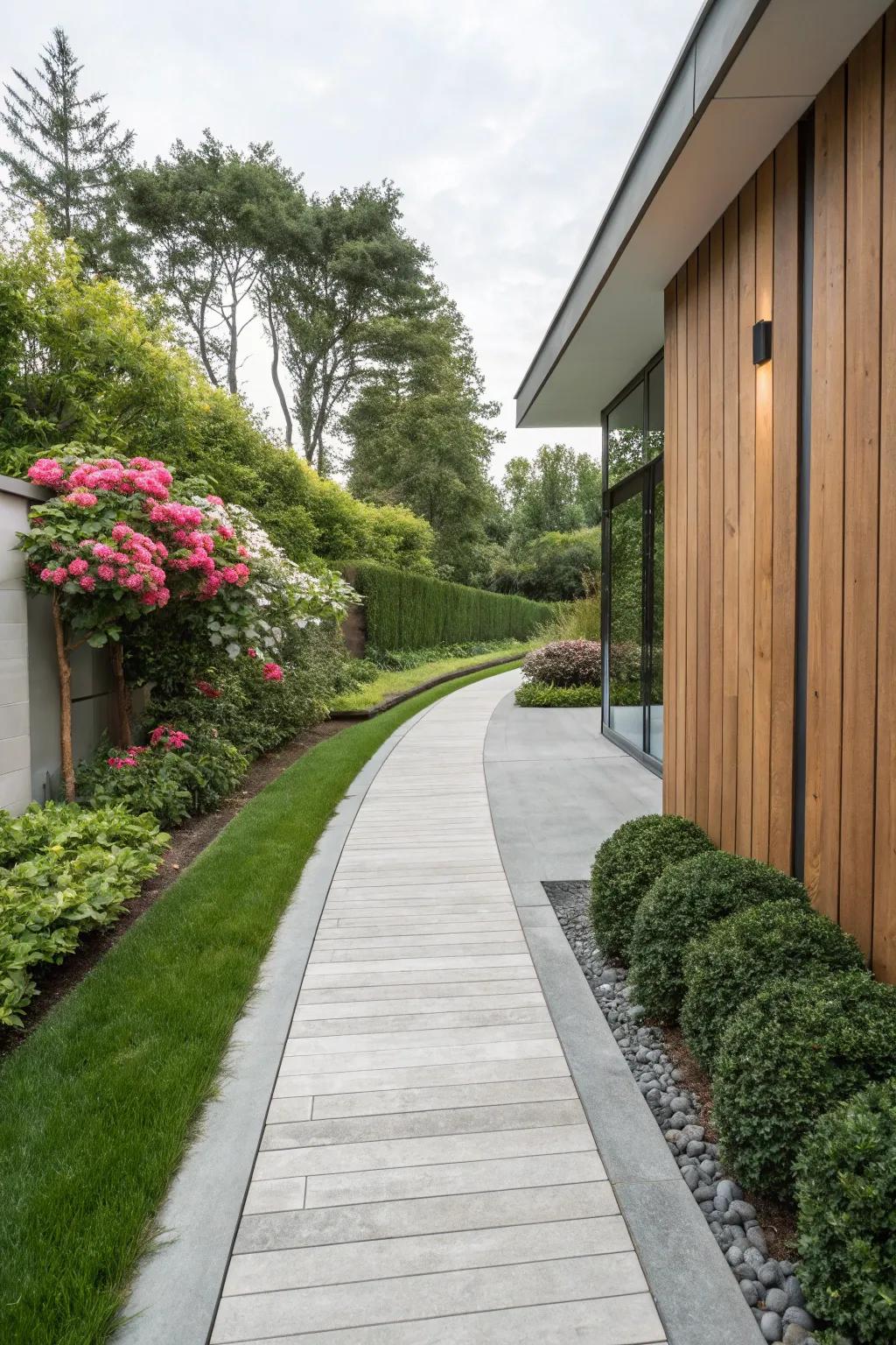 Contrasting materials create a dynamic and visually engaging walkway.