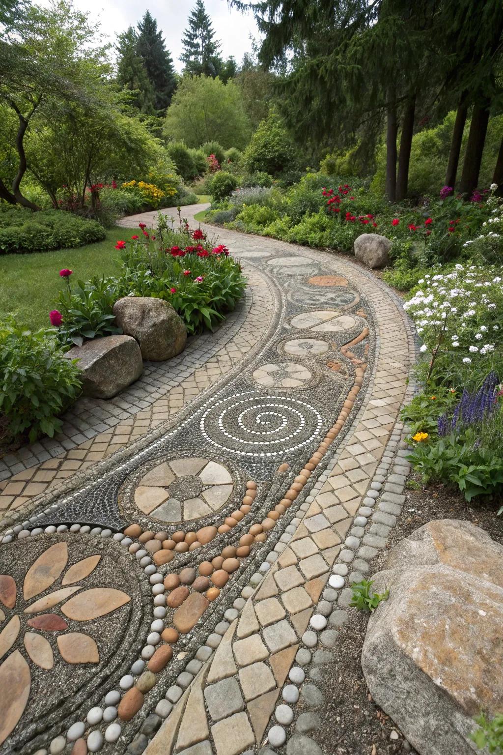 Mixed media designs add artistic flair and visual interest to walkways.