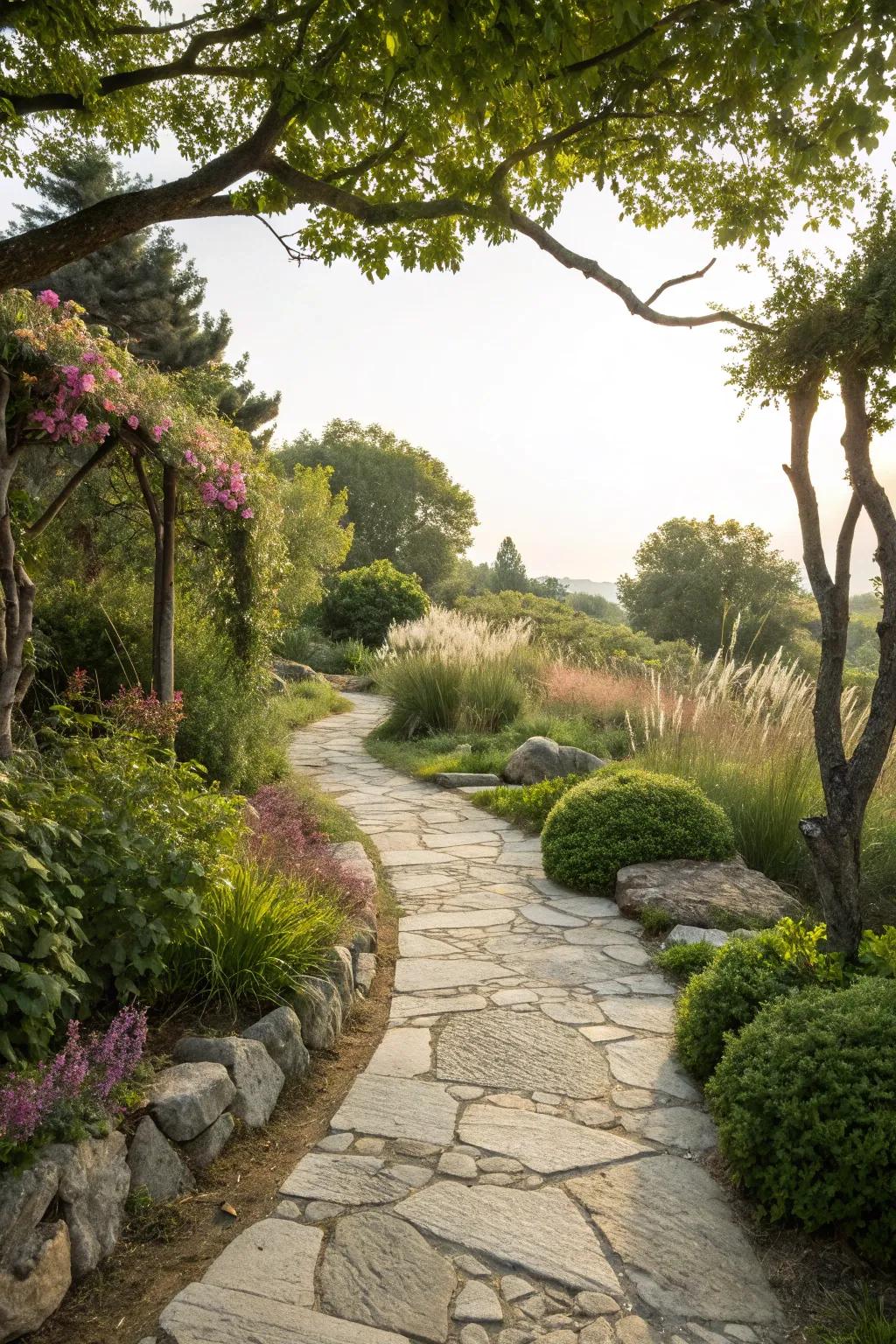 Natural elements bring a touch of tranquility to any modern walkway.