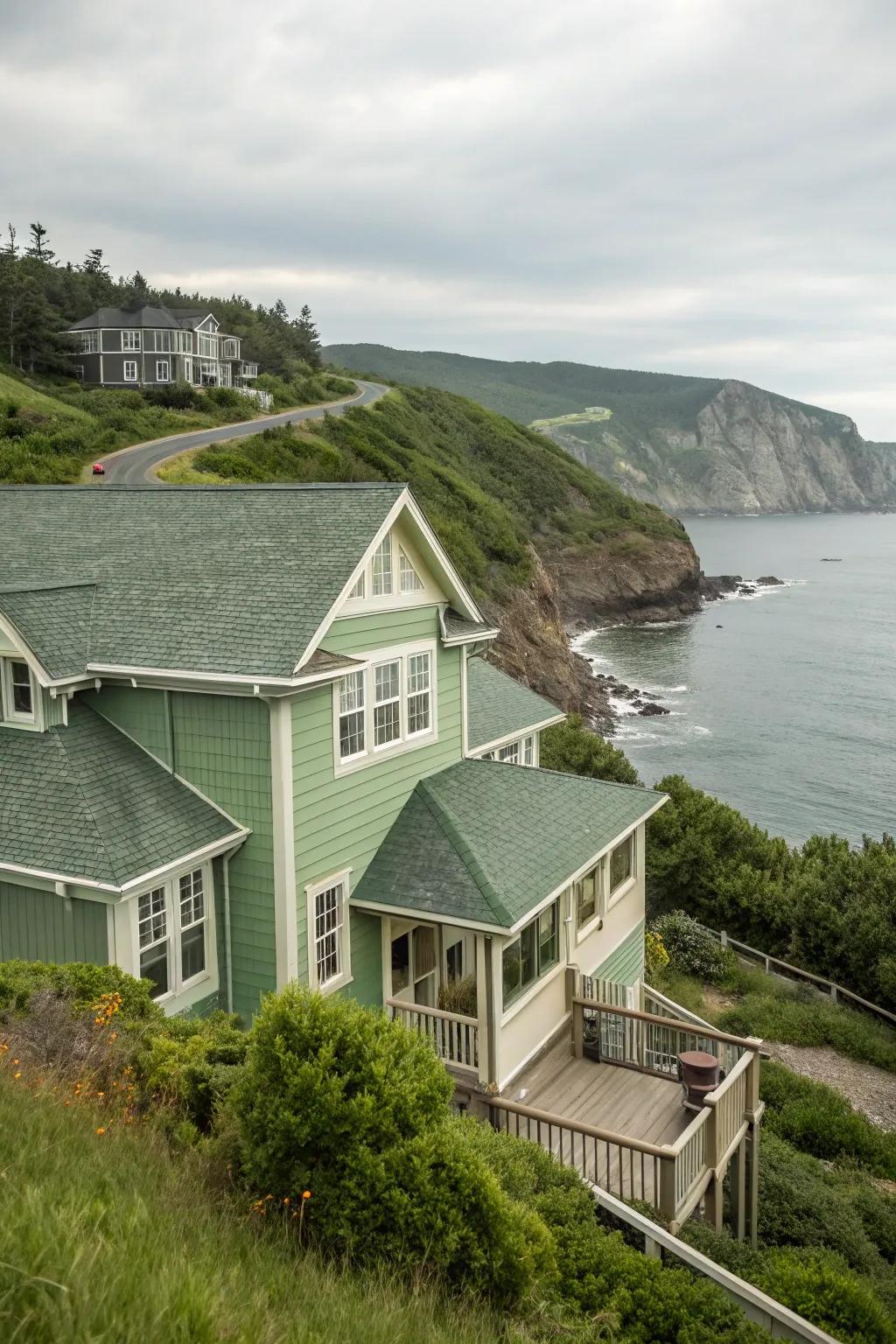 Coastal charm with sage and cream hues.