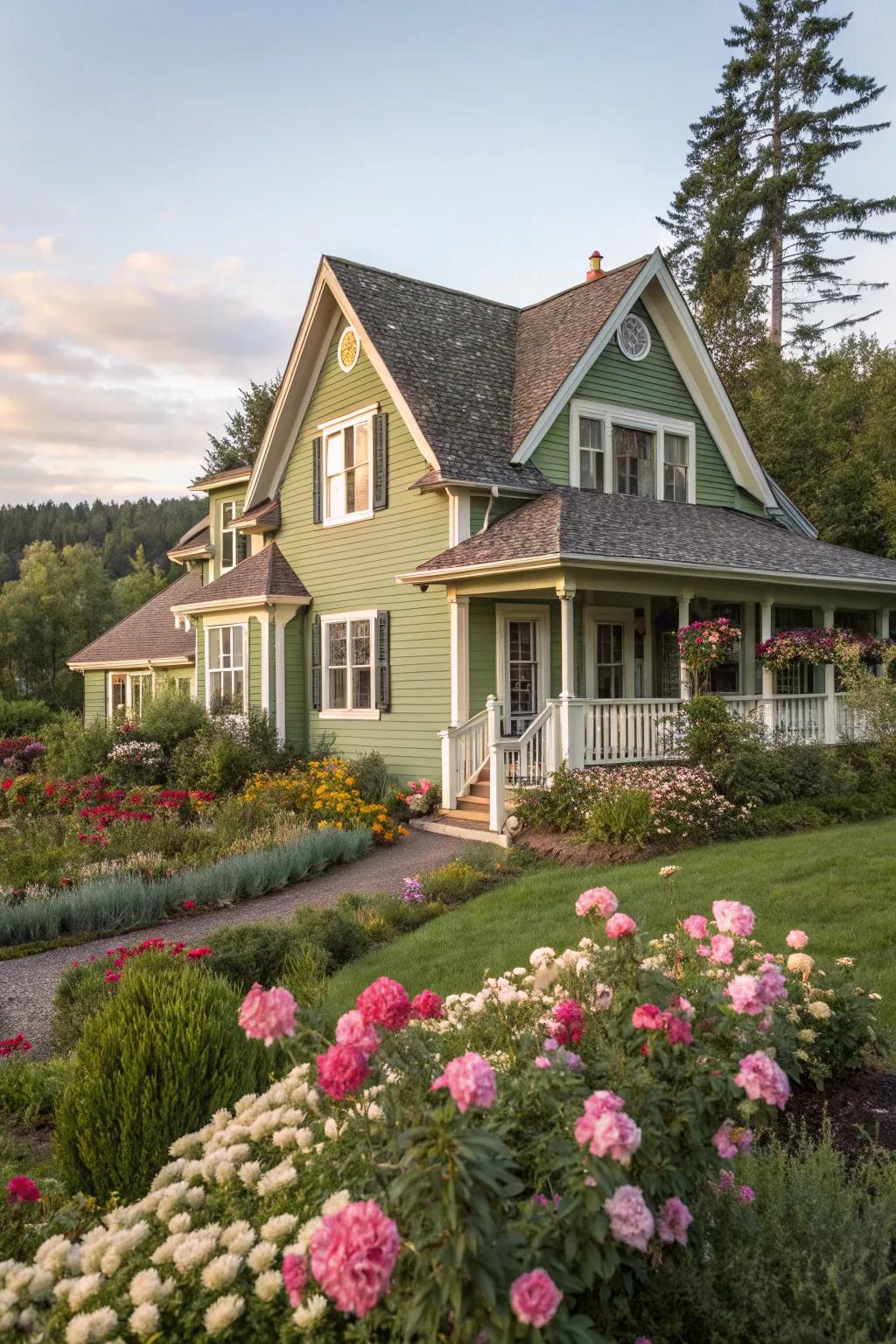 A charming cottage with sage green and cream details.