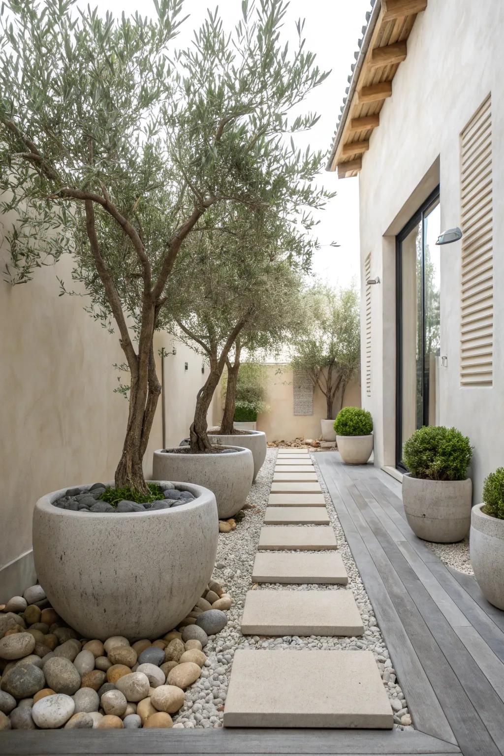 A calming Zen retreat with olive trees.