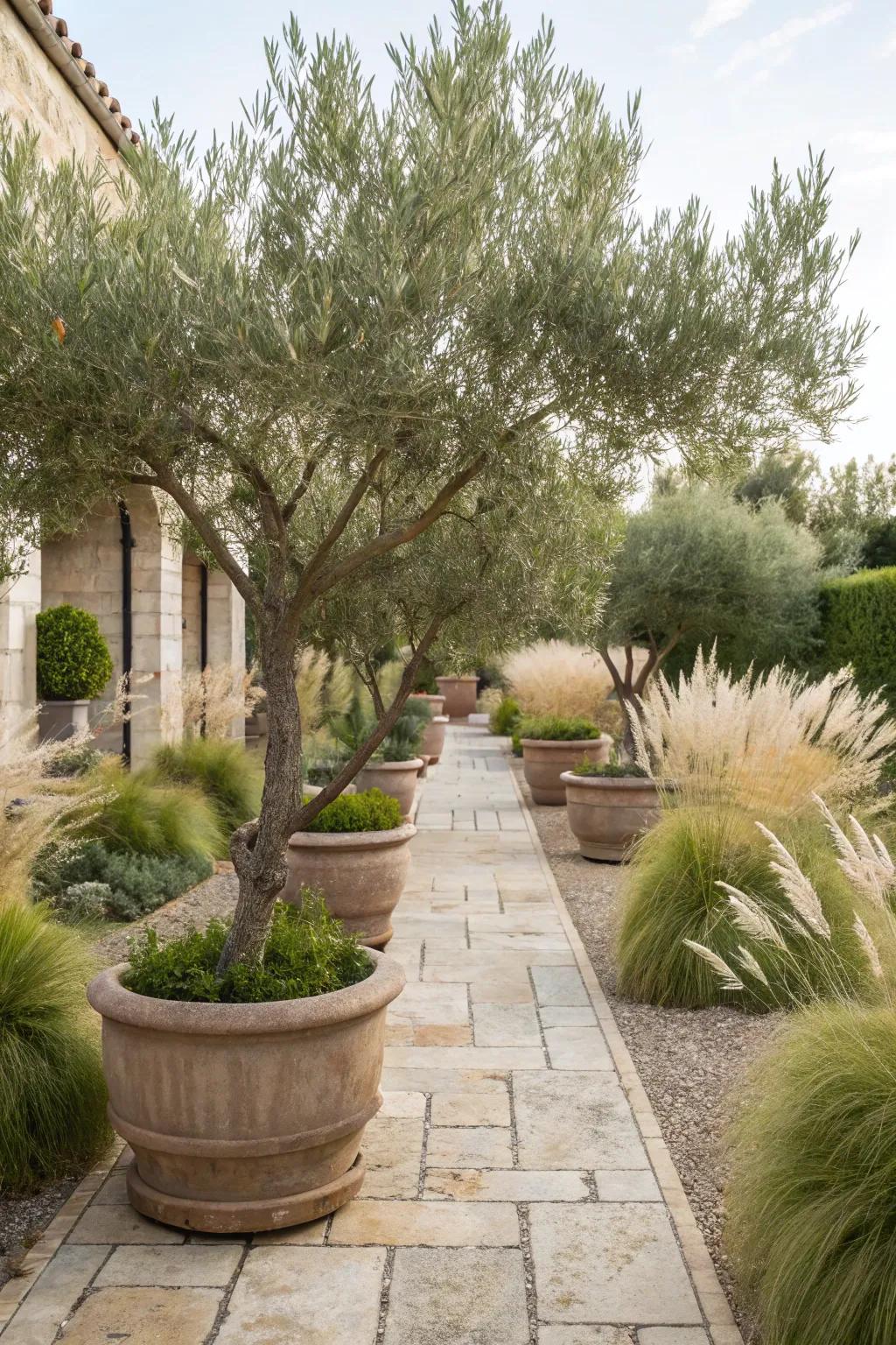 Textural contrast with olive trees and grasses.