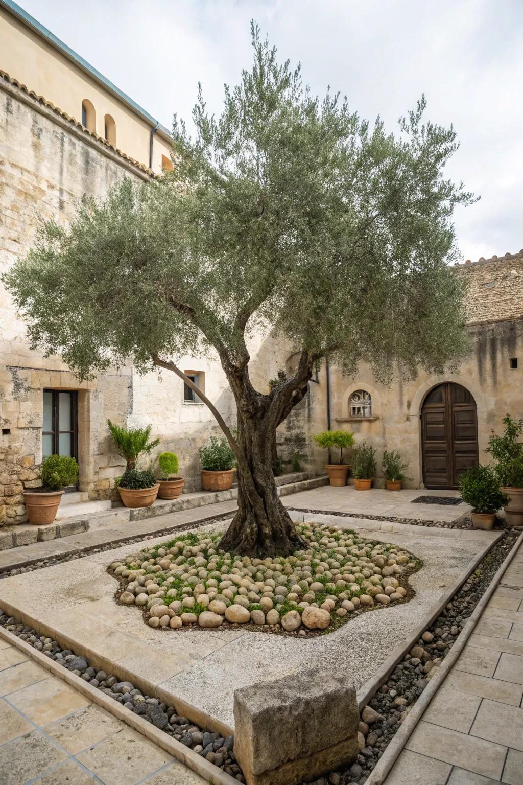 A stunning focal point with a central olive tree.