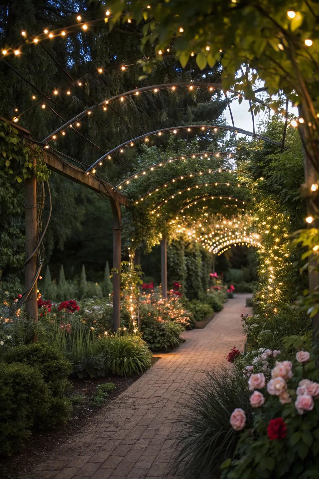A garden aglow with enchanting fairy lights.